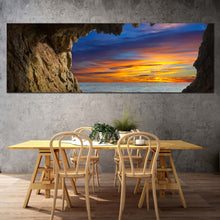 Load image into Gallery viewer, ocean  arches  canvas  wall  art  brown  cave  ocean  view  1  piece  canvas  artwork  dramatic  orange  blue  sky  ocean  canvas  print In Dinning Room
