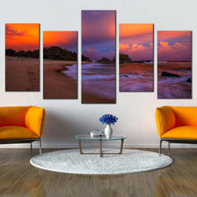 Load image into Gallery viewer, ocean beach canvas print orange blue sky ocean 5 piece canvas wall art brown wellington beach seascape multi canvas In Living Room
