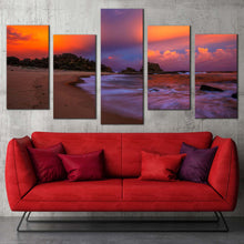 Load image into Gallery viewer, ocean beach canvas print orange blue sky ocean 5 piece canvas wall art brown wellington beach seascape multi canvas For Living room
