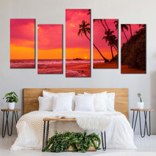 Load image into Gallery viewer, ocean beach canvas print palm trees ocean landscape canvas print beautiful red orange sky ocean 5 piece multiple canvas For Bedroom
