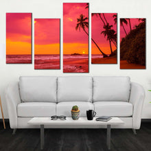 Load image into Gallery viewer, ocean beach canvas print palm trees ocean landscape canvas print beautiful red orange sky ocean 5 piece multiple canvas For Your Living Room
