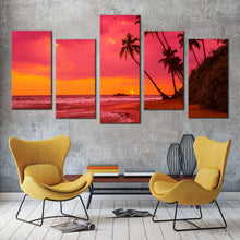 Load image into Gallery viewer, ocean beach canvas print palm trees ocean landscape canvas print beautiful red orange sky ocean 5 piece multiple canvas For Living Room
