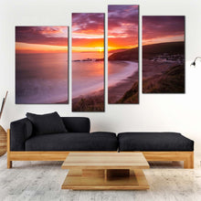 Load image into Gallery viewer, ocean beach canvas print yellow sunset clouds ocean 4 piece canvas wall art challaborough bay brown ocean sea multiple canvas for living room
