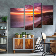 Load image into Gallery viewer, ocean beach canvas print yellow sunset clouds ocean 4 piece canvas wall art challaborough bay brown ocean sea multiple canvas for your living room 
