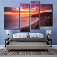 Load image into Gallery viewer, ocean beach canvas print yellow sunset clouds ocean 4 piece canvas wall art challaborough bay brown ocean sea multiple canvas
