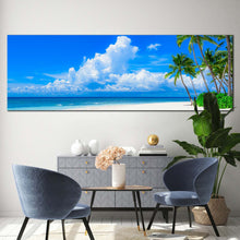 Load image into Gallery viewer, ocean  beach  canvas  wall  art  blue  cloudy  ocean  sky  panoramic  canvas  print  green  trees  ocean  canvas  artwork For Living Room
