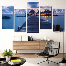 Load image into Gallery viewer, ocean beach canvas wall art blue sky kani island ocean beach canvas print maldives beach resort 5 piece multiple canvas In Living Room
