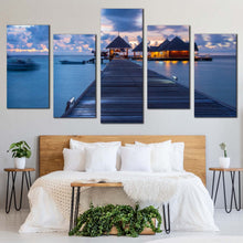 Load image into Gallery viewer, ocean beach canvas wall art blue sky kani island ocean beach canvas print maldives beach resort 5 piece multiple canvas For Bedroom
