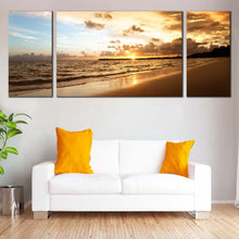 Load image into Gallery viewer, ocean beach canvas wall art brown ocean caribbean sea waves 3 piece canvas print yellow cloudy sunset triptych canvas set For Living Room
