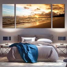 Load image into Gallery viewer, ocean beach canvas wall art brown ocean caribbean sea waves 3 piece canvas print yellow cloudy sunset triptych canvas set In Bedroom
