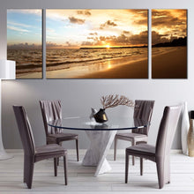 Load image into Gallery viewer, ocean beach canvas wall art brown ocean caribbean sea waves 3 piece canvas print yellow cloudy sunset triptych canvas set For Dining Room
