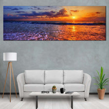 Load image into Gallery viewer, ocean  beach  canvas  wall  art  cloudy  sunset  sea  canvas  artwork  blue  orange  ocean  panoramic  canvas  print In Living Room
