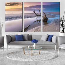 Load image into Gallery viewer, ocean beach canvas wall art georgia yellow sky ocean 3 piece canvas print beautiful white sea multiple canvas driftwood beach in jekyll island canvas set For Living Room
