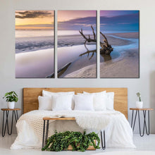 Load image into Gallery viewer, ocean beach canvas wall art georgia yellow sky ocean 3 piece canvas print beautiful white sea multiple canvas driftwood beach in jekyll island canvas set For Bedroom
