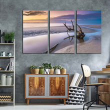 Load image into Gallery viewer, ocean beach canvas wall art georgia yellow sky ocean 3 piece canvas print beautiful white sea multiple canvas driftwood beach in jekyll island canvas set
