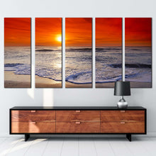 Load image into Gallery viewer, ocean beach canvas wall art red orange ocean sky 5 piece multiple canvas beautiful ocean canvas print
