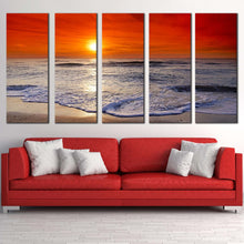 Load image into Gallery viewer, ocean beach canvas wall art red orange ocean sky 5 piece multiple canvas beautiful ocean canvas print In Living room
