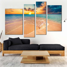 Load image into Gallery viewer, ocean beach canvas wall art yellow cloudy sunset sea 4 piece canvas set blue maldives islands canvas print for your living room 
