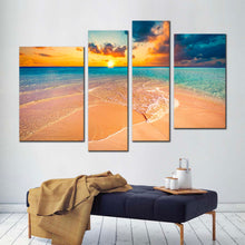 Load image into Gallery viewer, ocean beach canvas wall art yellow cloudy sunset sea 4 piece canvas set blue maldives islands canvas print
