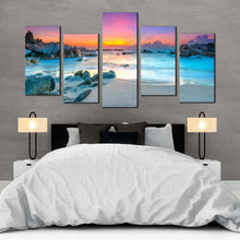 Load image into Gallery viewer, ocean beach canvas wall art yellow sky ocean water multiple canvas blue ocean rocks sea 5 piece canvas print In Bedroom
