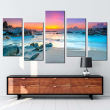 Load image into Gallery viewer, ocean beach canvas wall art yellow sky ocean water multiple canvas blue ocean rocks sea 5 piece canvas print
