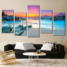 Load image into Gallery viewer, ocean beach canvas wall art yellow sky ocean water multiple canvas blue ocean rocks sea 5 piece canvas print For Living room
