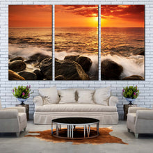 Load image into Gallery viewer, ocean boulders canvas print orange seascape waves multi canvas yellow sunset sea ocean rocks 3 piece canvas wall art For Living Room
