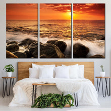 Load image into Gallery viewer, ocean boulders canvas print orange seascape waves multi canvas yellow sunset sea ocean rocks 3 piece canvas wall art For Bedroom
