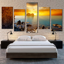 Load image into Gallery viewer, ocean boulders canvas wall art blue sea ocean rocks 5 piece canvas print yellow orange cloudy sunset sky multi canvas artwork For Bedroom
