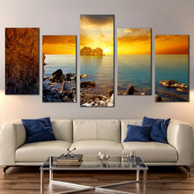 Load image into Gallery viewer, ocean boulders canvas wall art blue sea ocean rocks 5 piece canvas print yellow orange cloudy sunset sky multi canvas artwork For Living room
