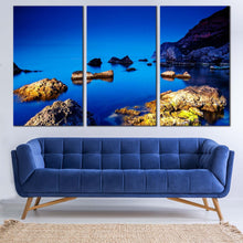 Load image into Gallery viewer, ocean boulders canvas wall art crimea ukraine brown ocean rocks 3 piece multi canvas blue ocean seascape triptych canvas print In Living Room
