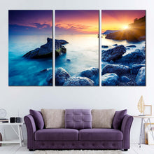 Load image into Gallery viewer, ocean boulders canvas wall art dramatic yellow sunset sky canvas print crimea ukraine blue ocean rocks 3 piece canvas set For Living Room
