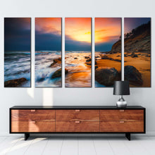 Load image into Gallery viewer, ocean boulders canvas wall art yellow sunset seascape multiple canvas brown ocean rocks 5 piece canvas print
