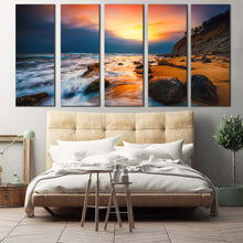 Load image into Gallery viewer, ocean boulders canvas wall art yellow sunset seascape multiple canvas brown ocean rocks 5 piece canvas print In Bedroom
