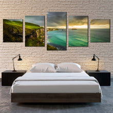 Load image into Gallery viewer, ocean clouds canvas wall art green coastline sea multiple canvas yellow sky ballintoy ocean 5 piece canvas print For Bedroom
