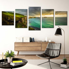 Load image into Gallery viewer, ocean clouds canvas wall art green coastline sea multiple canvas yellow sky ballintoy ocean 5 piece canvas print In Living room
