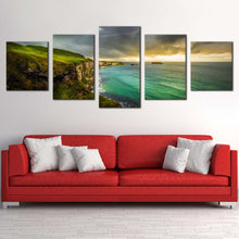 Load image into Gallery viewer, ocean clouds canvas wall art green coastline sea multiple canvas yellow sky ballintoy ocean 5 piece canvas print For Living room
