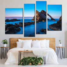 Load image into Gallery viewer, ocean coast canvas wall art brown ocean rocks 4 piece canvas set blue sky bow fiddle canvas print in bedroom
