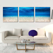 Load image into Gallery viewer, ocean  deep  canvas  wall  art  underwater  blue  ocean  3  piece  multiple  canvas  white  ocean  canvas  print In Living Room
