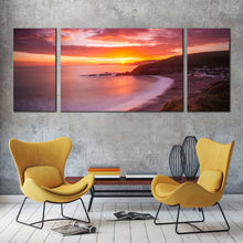 Load image into Gallery viewer, ocean landscape canvas wall art challaborough bay brown ocean beach 3 piece multi canvas yellow sunset clouds ocean triptych canvas print In Living Room
