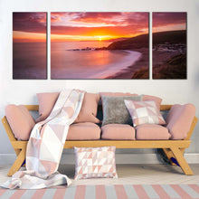 Load image into Gallery viewer, ocean landscape canvas wall art challaborough bay brown ocean beach 3 piece multi canvas yellow sunset clouds ocean triptych canvas print For Living Room
