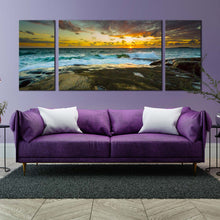 Load image into Gallery viewer, ocean landscape canvas wall art sweden brown ocean rocks 3 piece canvas print dramatic yellow sky seascape multi canvas artwork In Living Room
