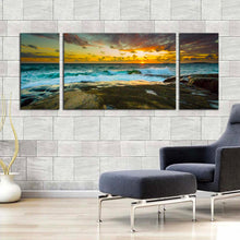 Load image into Gallery viewer, ocean landscape canvas wall art sweden brown ocean rocks 3 piece canvas print dramatic yellow sky seascape multi canvas artwork For Living Room
