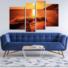 Load image into Gallery viewer, ocean landscape canvas wall art thailand orange ocean rocks 4 piece canvas set rayong yellow sun ocean canvas print for living room
