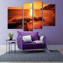 Load image into Gallery viewer, ocean landscape canvas wall art thailand orange ocean rocks 4 piece canvas set rayong yellow sun ocean canvas print for your living room 
