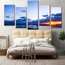 Load image into Gallery viewer, ocean mountain canvas print acadia national park in maine 5 piece canvas wall art yellow cloudy sunset ocean canvas set In Bedroom
