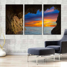 Load image into Gallery viewer, ocean mountain canvas wall art dramatic orange sky ocean arches 3 piece canvas brown cave ocean view canvas print For Living Room
