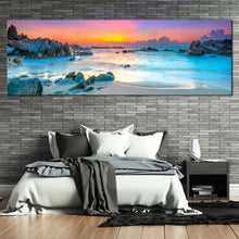 Load image into Gallery viewer, ocean  rocks  canvas  print  blue  ocean  water  1  piece  canvas  wall  art  yellow  sky  stony  beach  canvas  artwork For Bedroom
