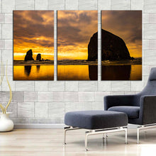 Load image into Gallery viewer, ocean rocks canvas print evening yellow cannon beach sunset 3 piece canvas wall art black haystack rock canvas set In Living Room
