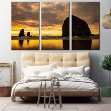 Load image into Gallery viewer, ocean rocks canvas print evening yellow cannon beach sunset 3 piece canvas wall art black haystack rock canvas set For Bedroom
